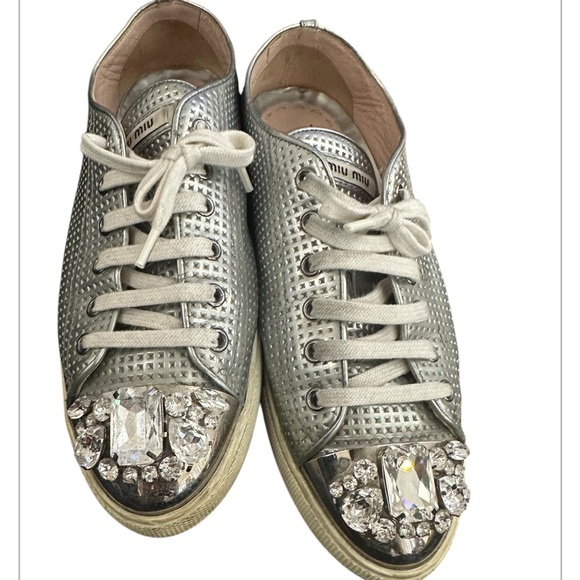Miu Miu Silver Swarovski crystal top cap diver sneakers flats
